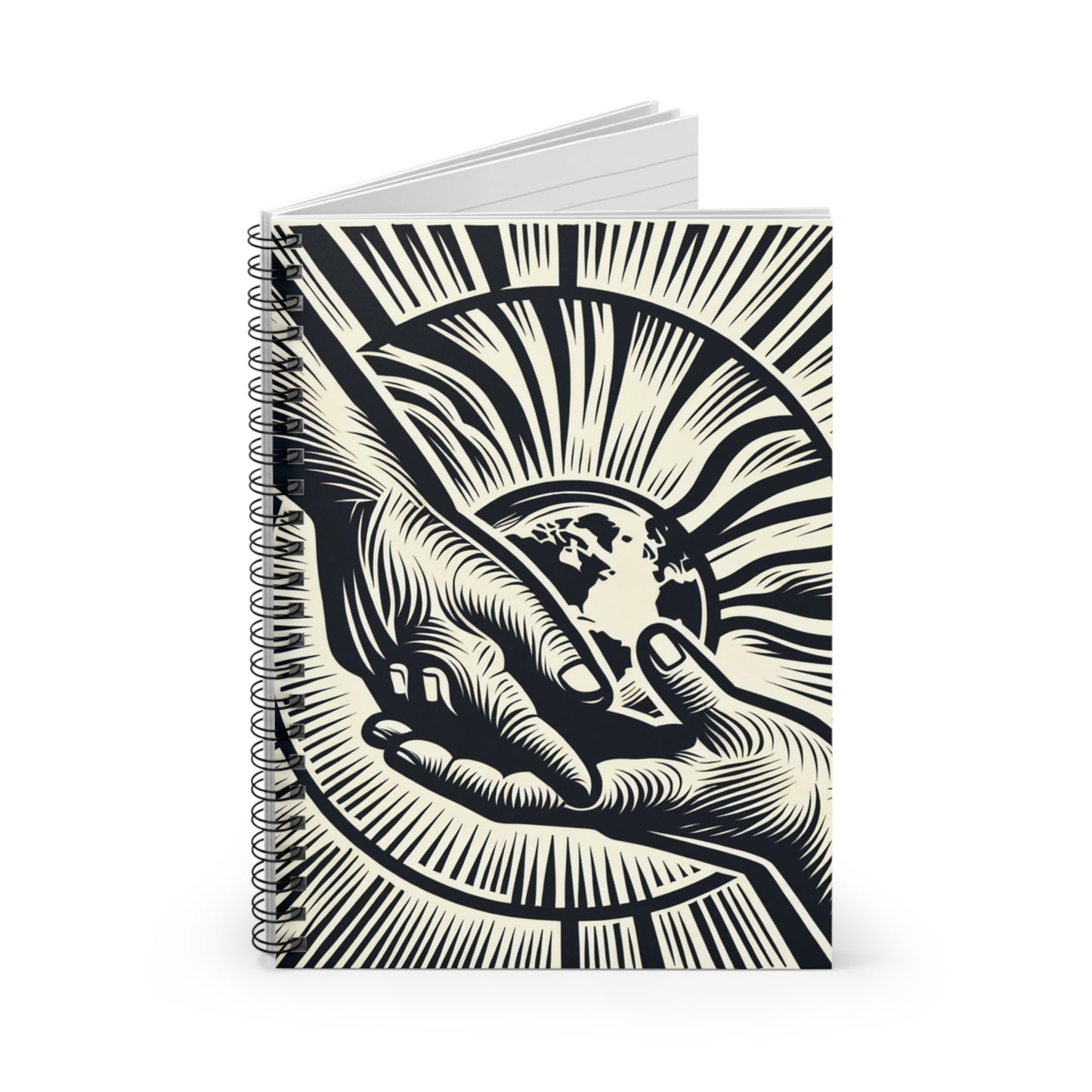 "Uniting Hands, Uniting Nations" - The Alien Spiral Notebook (Ruled Line) Woodcut Printing Style