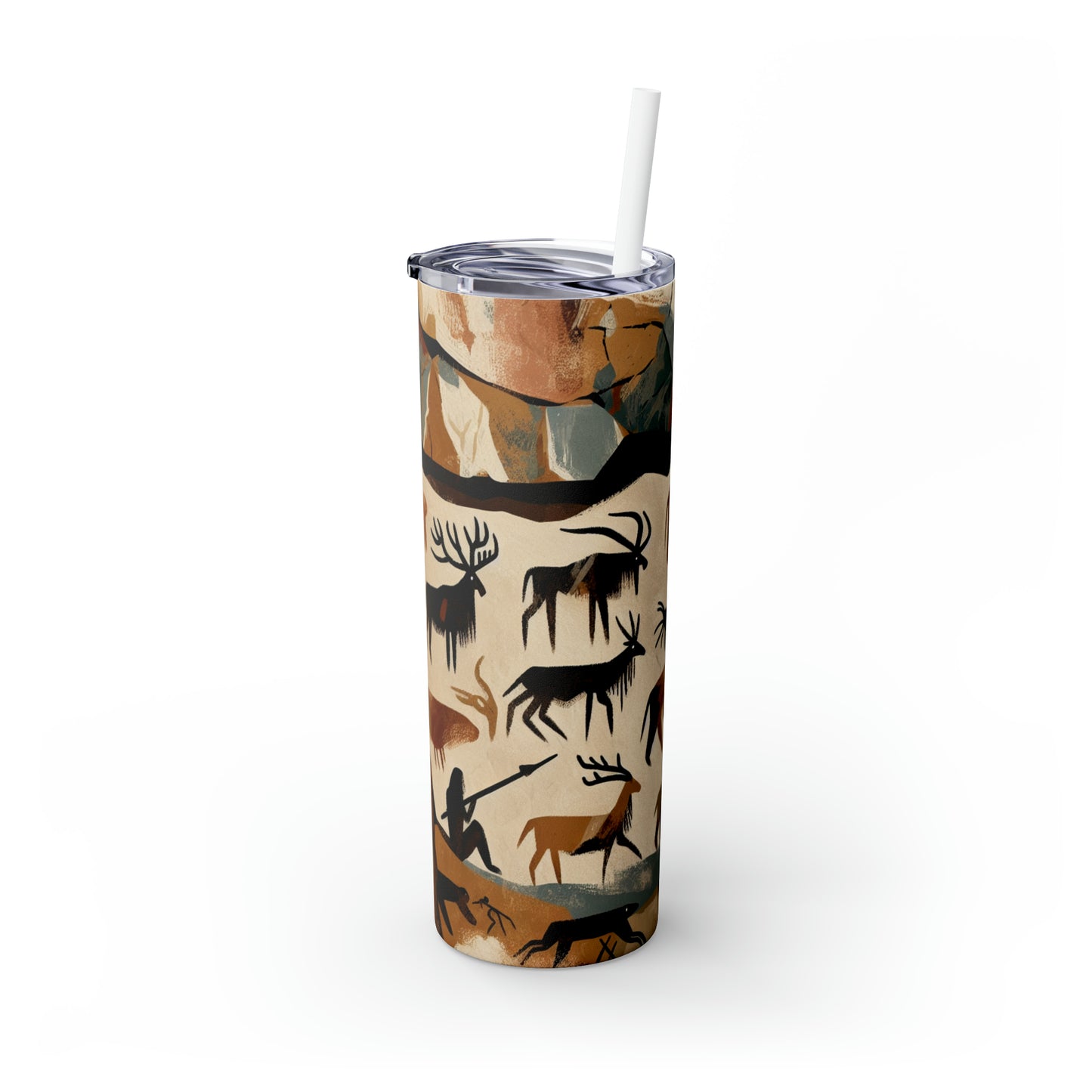 "The Discovery of Fire: A Cave Painting Tale" - The Alien Maars® Skinny Tumbler with Straw 20oz Cave Painting