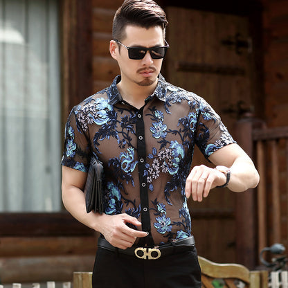 Men's Short-sleeved Floral Thin Hollow Non-iron Ice Silk Shirt