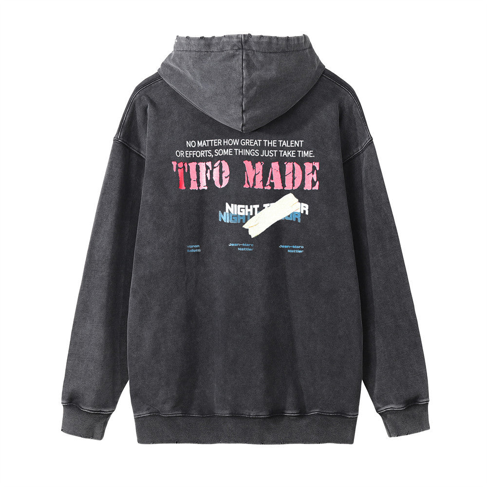 Washed Vintage Printed Shark Hooded Sweater