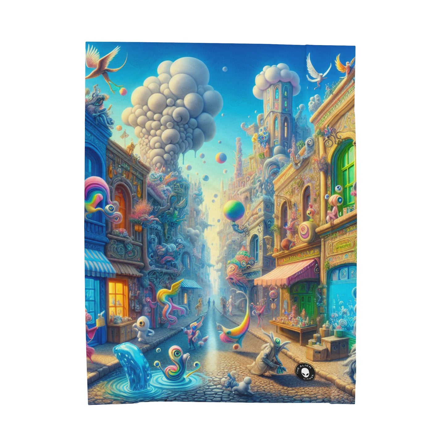 "Whimsical Wonders: A Vibrant Street Scene" - The Alien Velveteen Plush Blanket