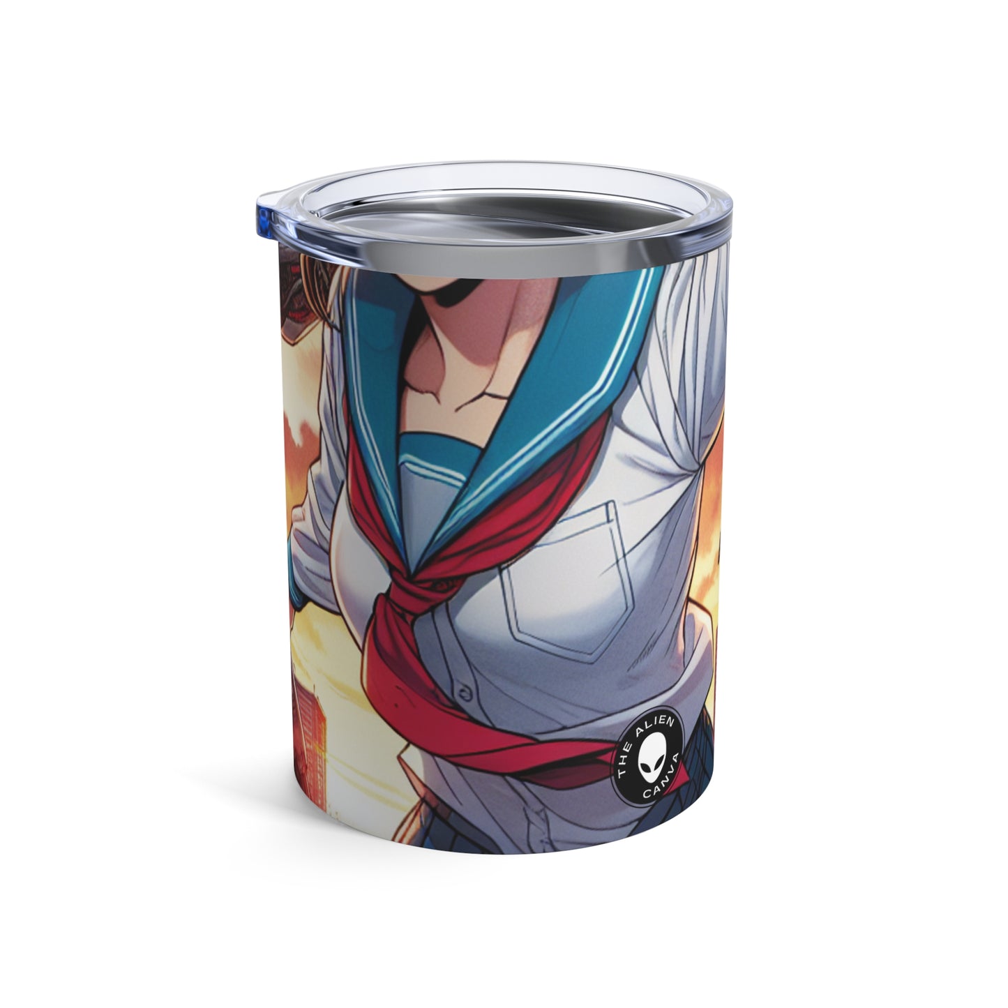 "Chica uniformada salva la ciudad de los invasores". - El vaso alienígena 10oz Manga/Anime Art