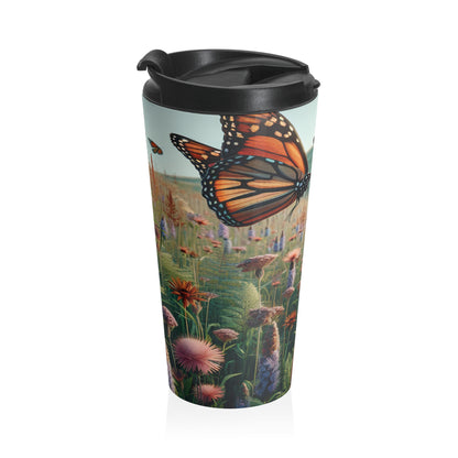 "A Monarch in Wildflower Meadow" - Taza de viaje de acero inoxidable estilo realismo The Alien