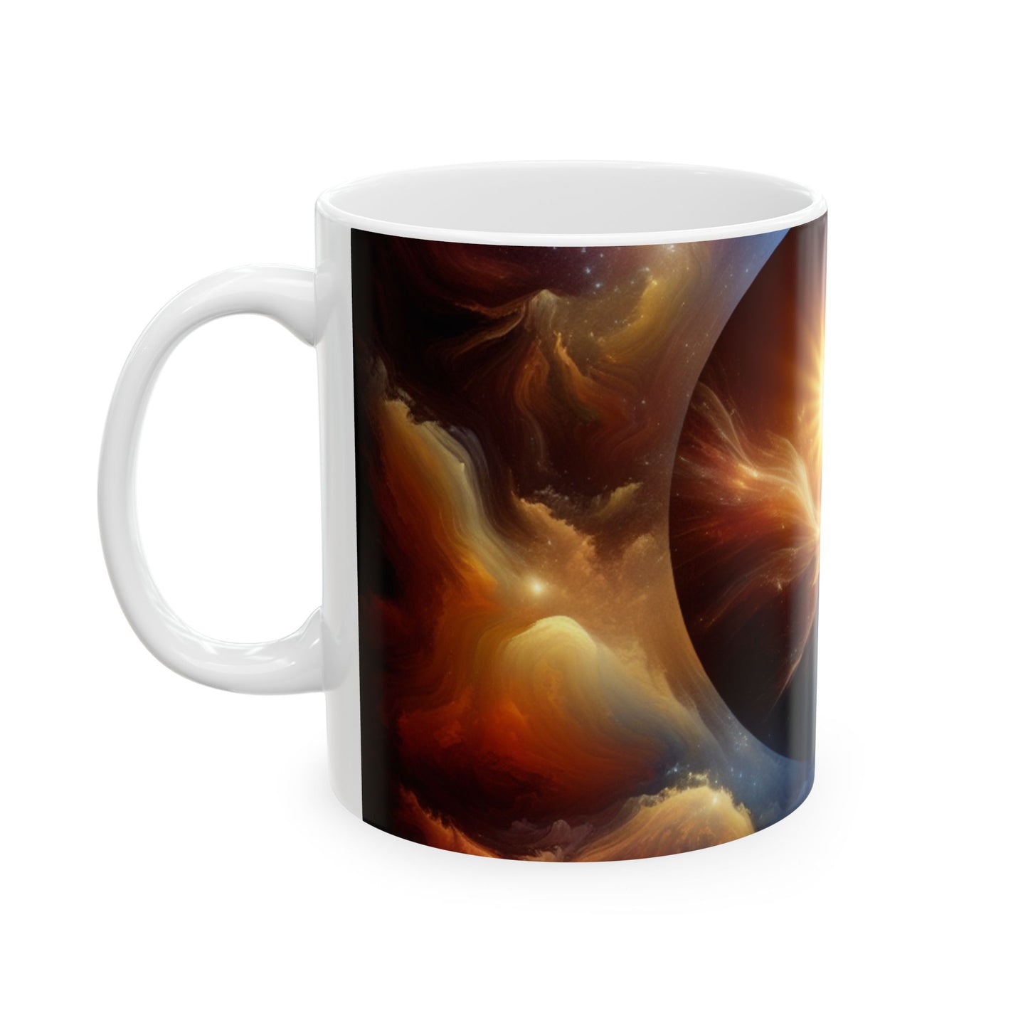 "Abrazo celestial: la fusión del sol y la luna" - Taza de cerámica alienígena de 11 oz