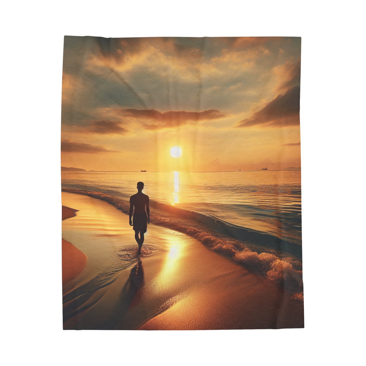 "Une promenade le long de la plage au coucher du soleil" - La couverture en peluche Alien Velveteen style photoréaliste