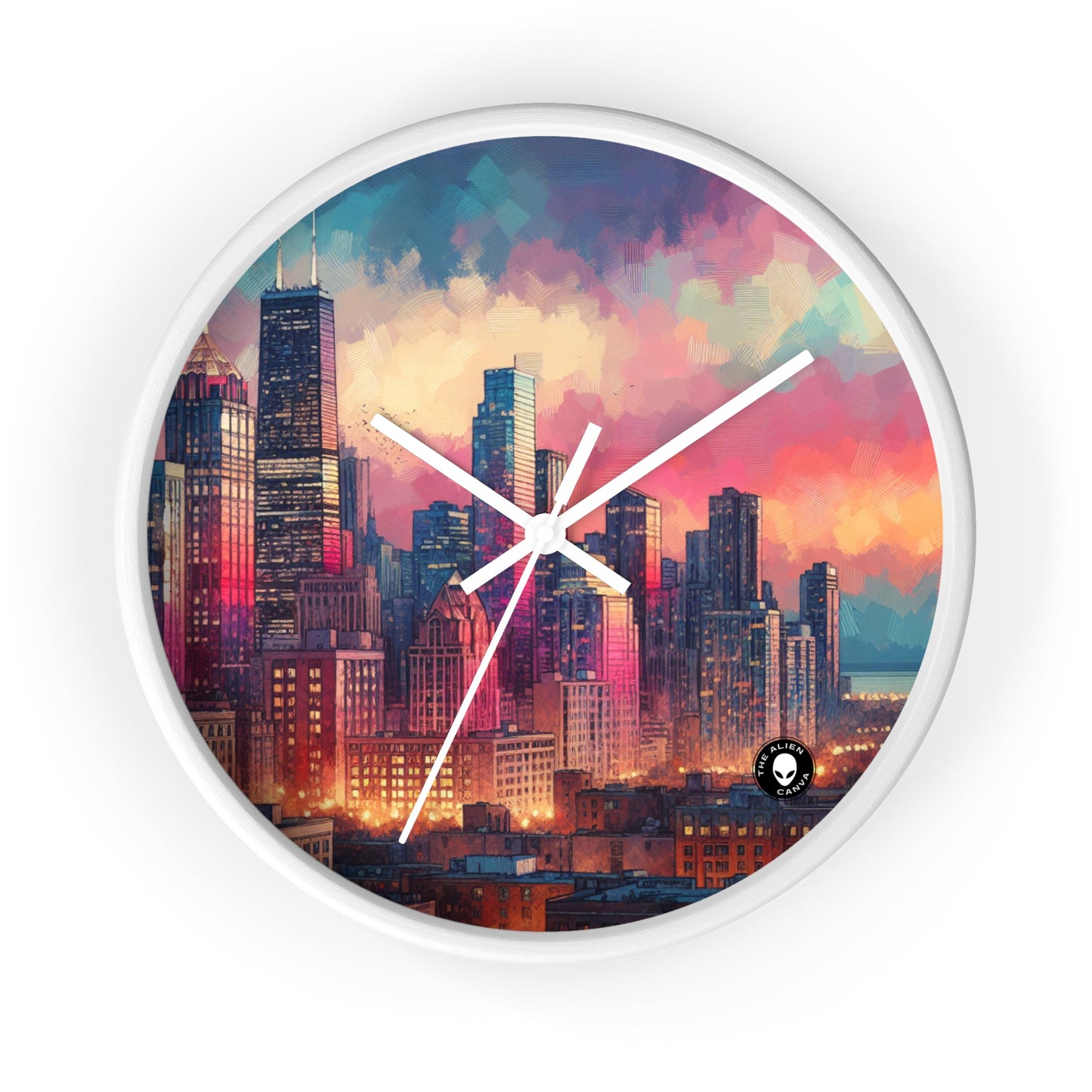 "Dusky Reflections: City Skyline at Sunset" - The Alien Wall Clock