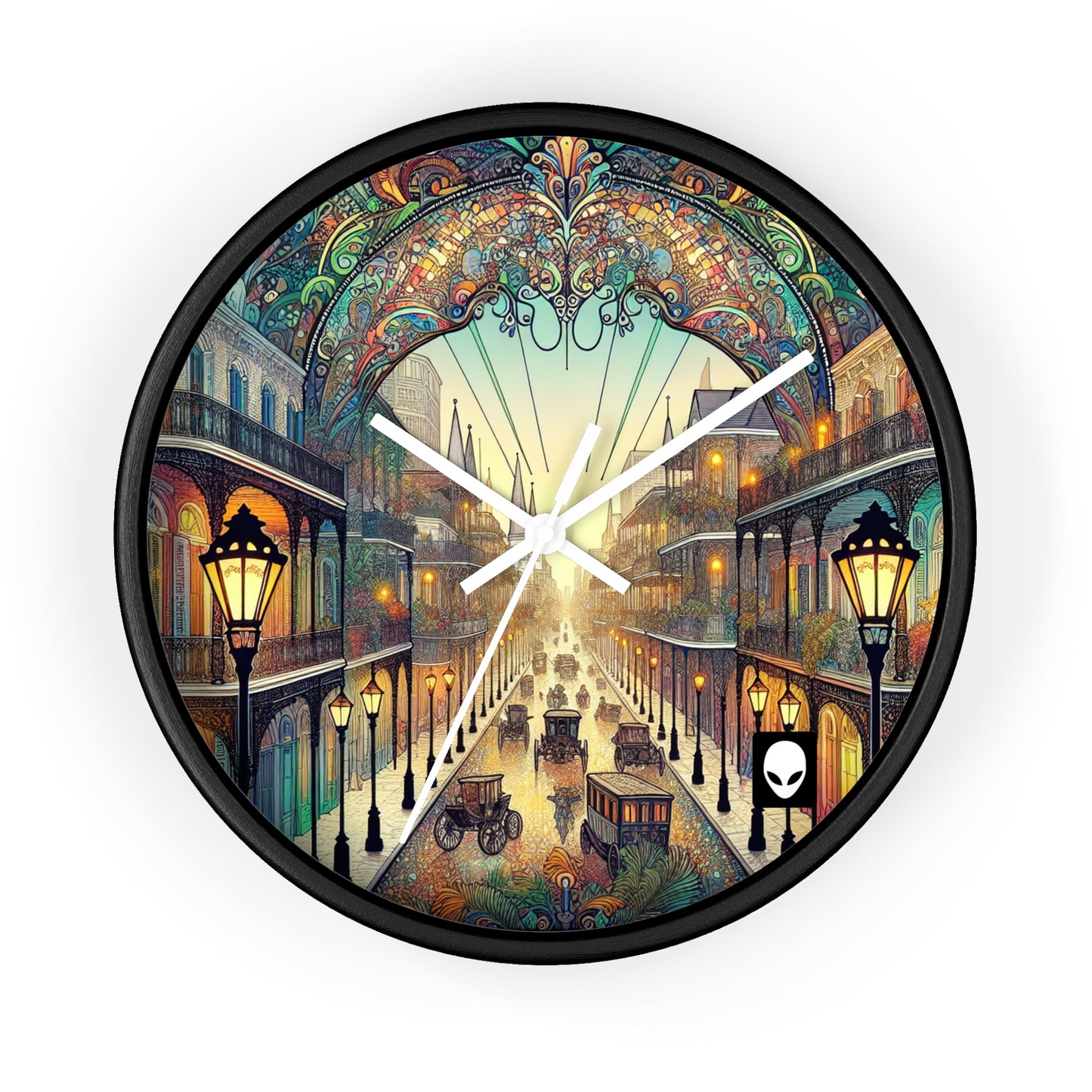 "Vivid Splendor: Una imagen del barrio francés de Nueva Orleans" - El reloj de pared alienígena estilo Art Nouveau