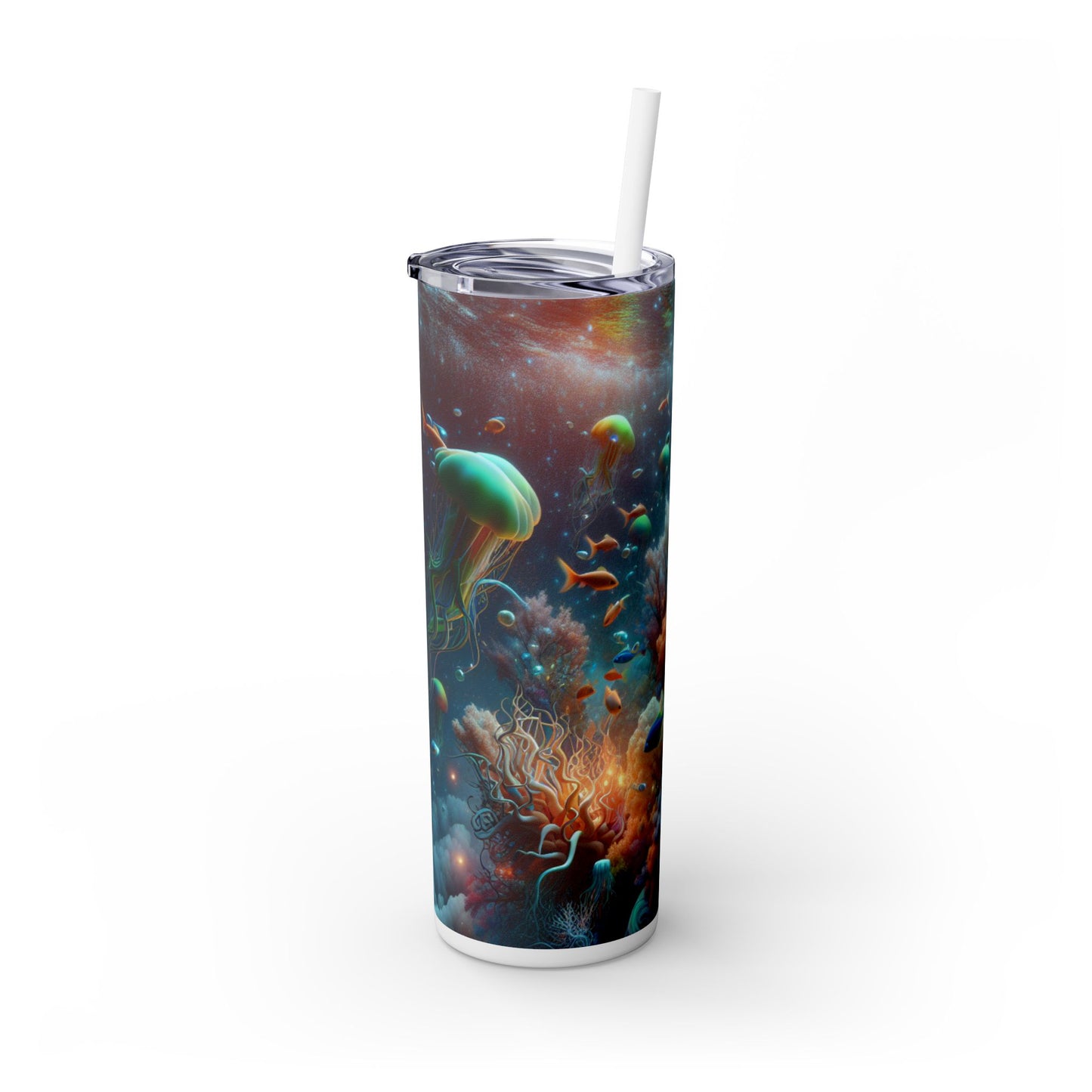 "Los peces de neón bailan en el bosque de corales": vaso estrecho con pajita de 20 oz de Alien Maars®