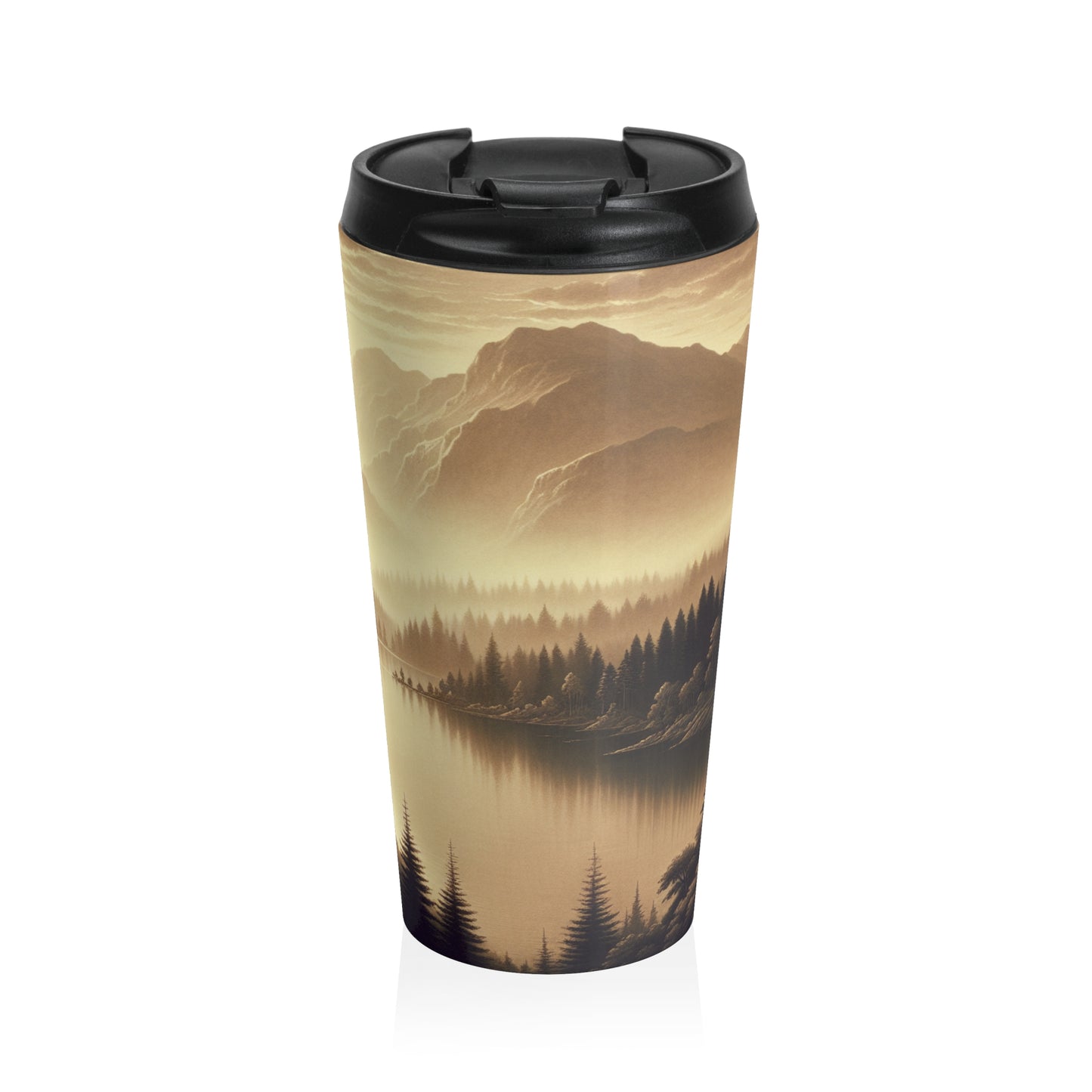 "Dawn at the Lake: A Foggy Mountain Morning" - Taza de viaje de acero inoxidable estilo tonalismo The Alien