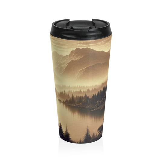 "Dawn at the Lake: A Foggy Mountain Morning" - The Alien Stainless Steel Travel Mug Tonalism Style
