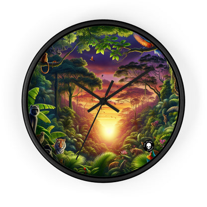 "Atardecer en la jungla: un encuentro salvaje" - El reloj de pared alienígena