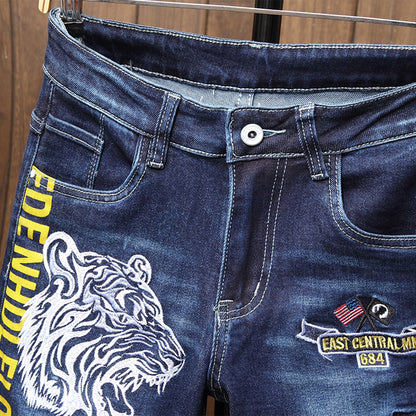 Men's Vintage Tiger Head Embroidered Printed Jeans