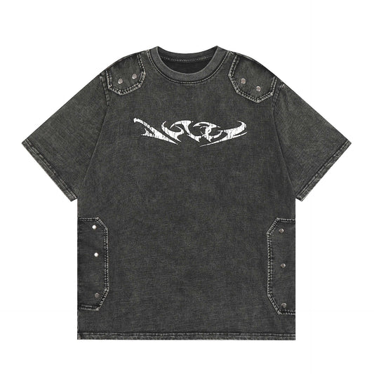 Washed Old Sickle Printed Patch Decoration Short Sleeve