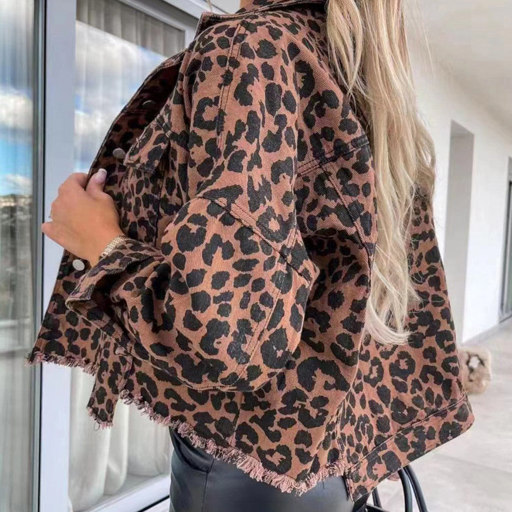 Chaqueta vaquera estampada con estampado de leopardo para mujer