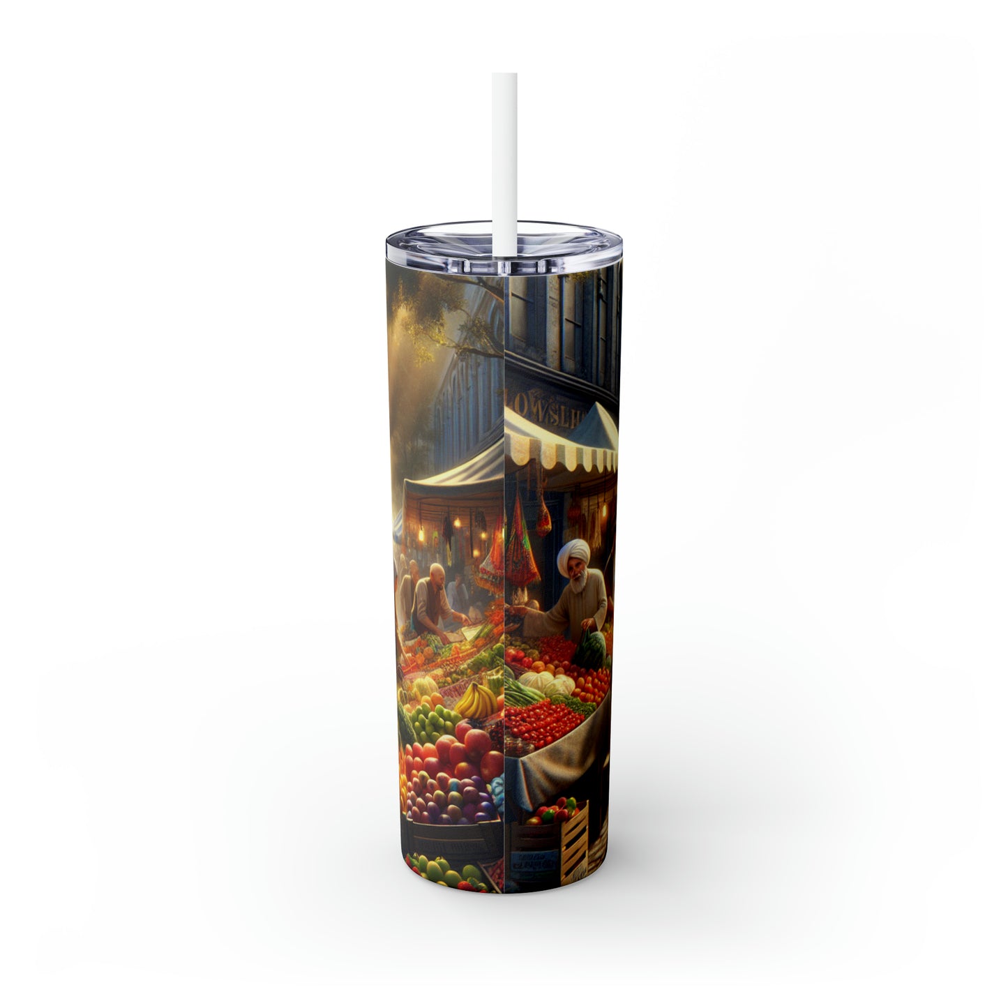 "Sunny Vibes at the Outdoor Market" - The Alien Maars® Skinny Tumbler avec paille 20oz Style réalisme