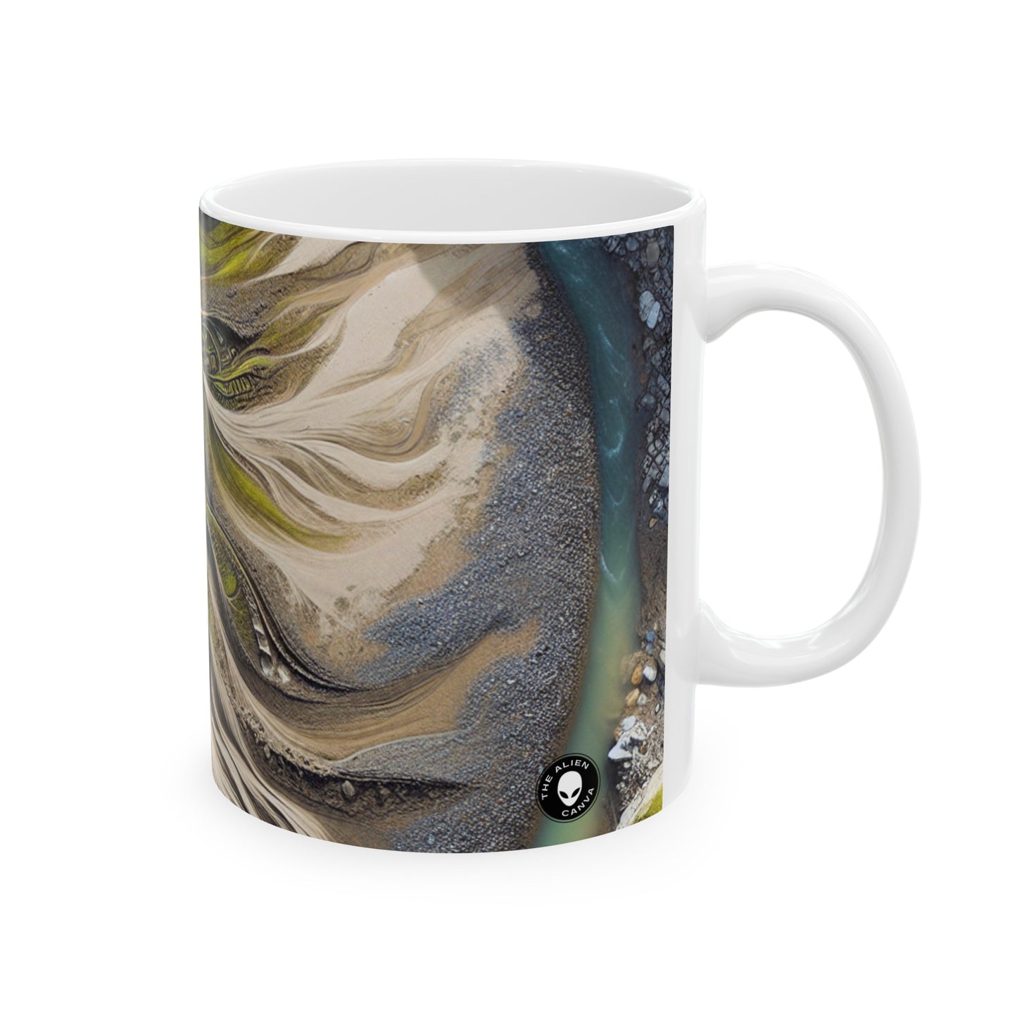 "Sandy Symphony : Une mosaïque de pierres colorées sur la plage" - The Alien Mug en céramique 11oz Land Art