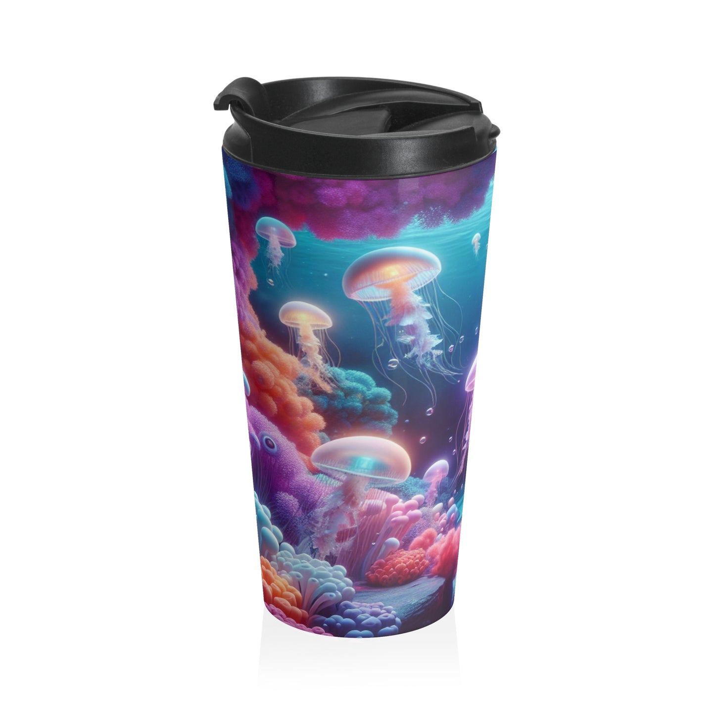 Enchanting Underwater Realm: Glowing Jellyfish and Curious Octopus - The Alien Stainless Steel Travel Mug