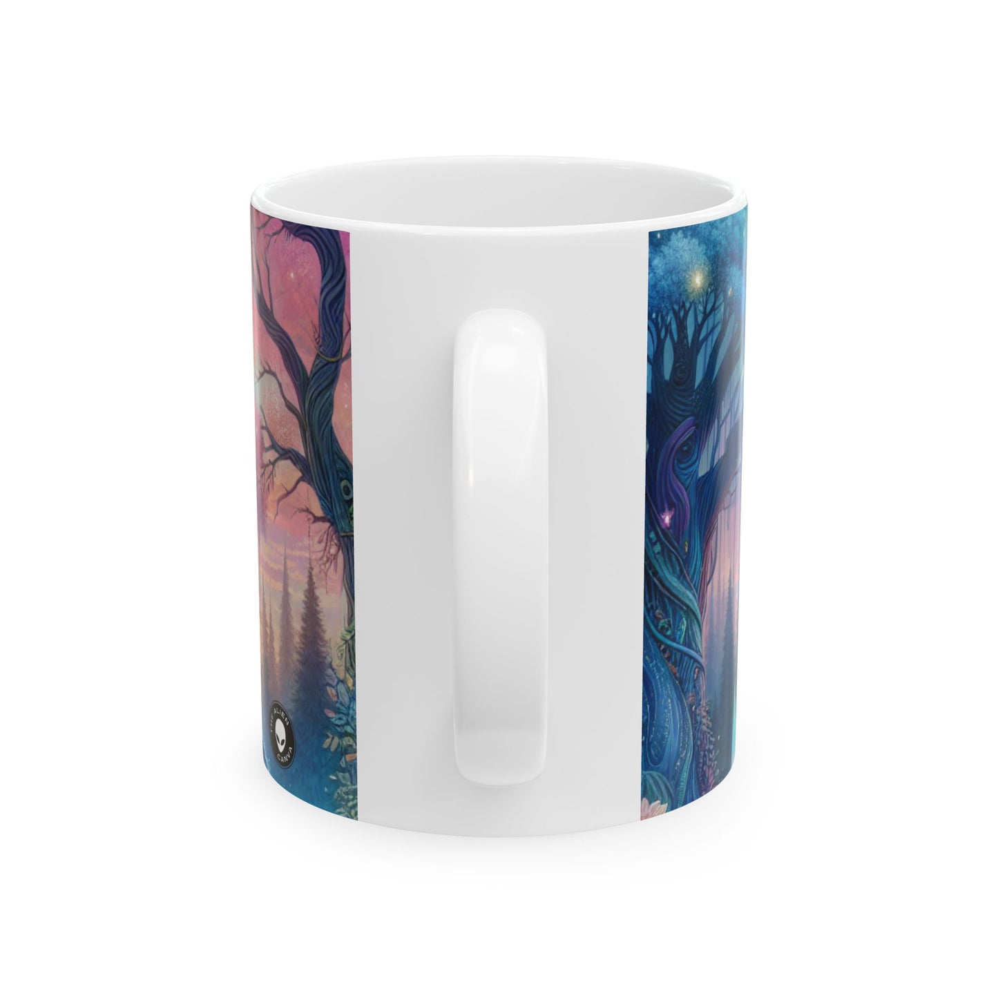 "Atardecer encantado: una pintura de un bosque mágico" - Taza de cerámica alienígena de 11 oz