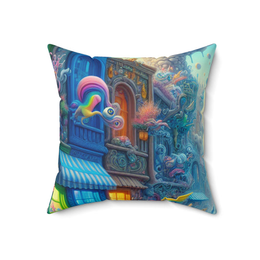 "Whimsical Wonders: A Vibrant Street Scene"- The Alien Spun Polyester Square Pillow