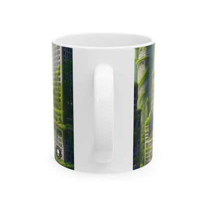 "El resurgimiento de la naturaleza: un paisaje urbano futurista" - Taza de cerámica The Alien de 11 oz