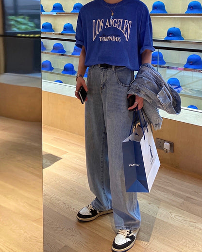 T-shirt à manches courtes pour hommes avec lettres de couleur frites de style coréen