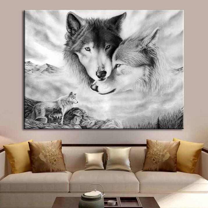 Póster moderno con estampado de lobo blanco y negro, pintura en lienzo