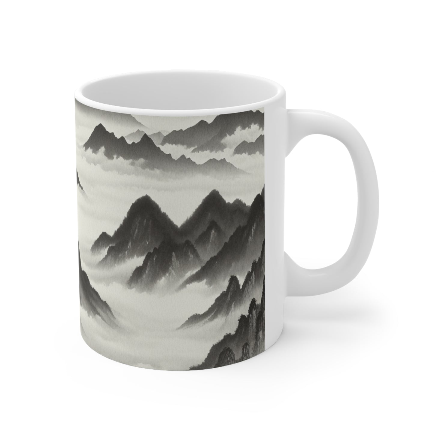 "Misty Peaks in the Fog" - La tasse en céramique Alien 11oz style peinture à l'encre