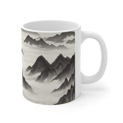 "Misty Peaks in the Fog" - Taza de cerámica alienígena, estilo de pintura con lavado de tinta de 11 oz