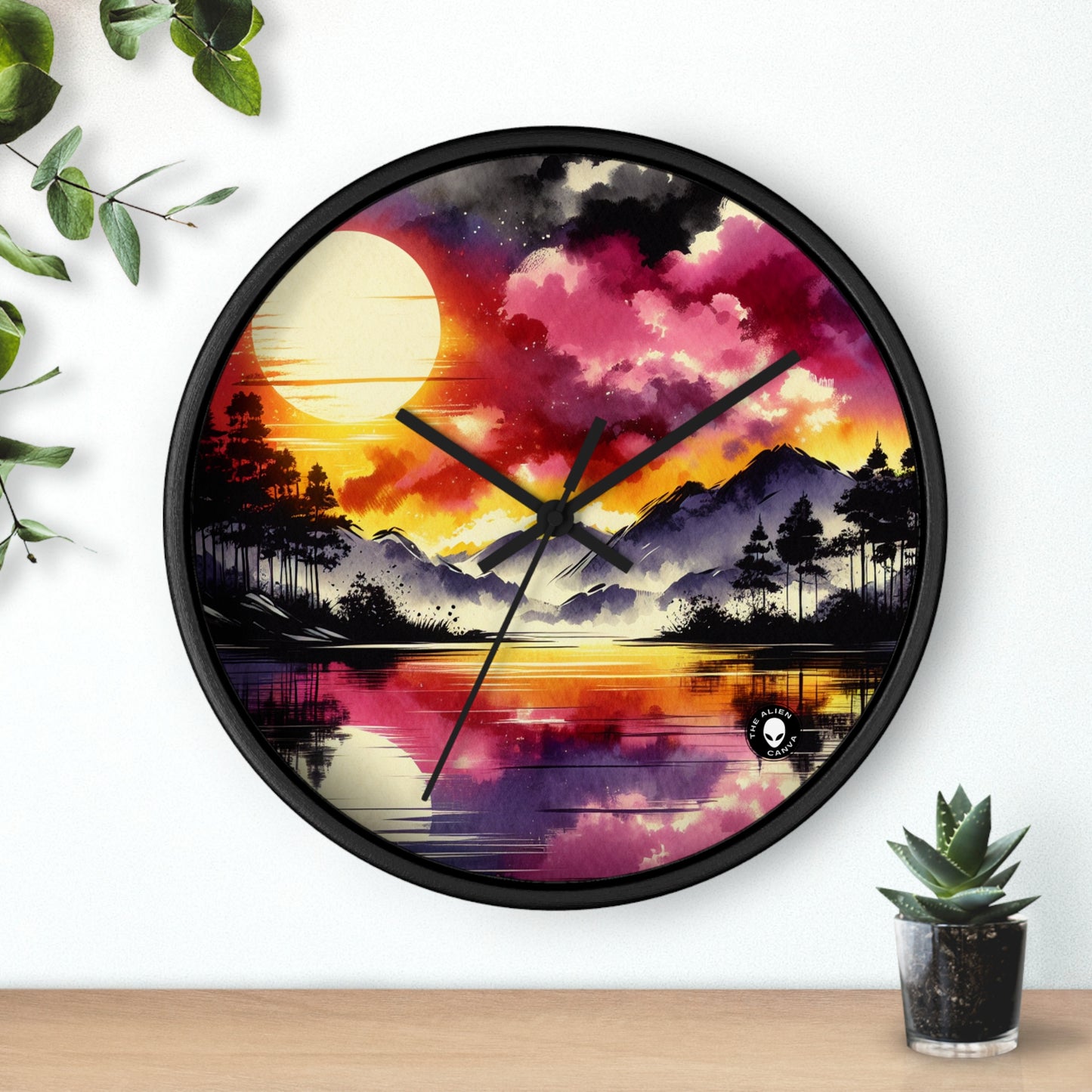 "Una sinfonía de puesta de sol en colores pastel" - La pintura con lavado de tinta del reloj de pared alienígena