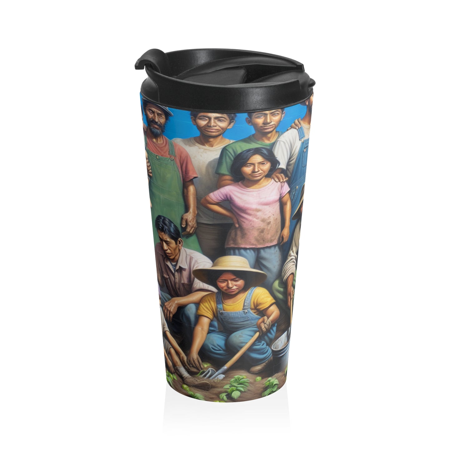 "Reaping Hope: A Migrant Family in the Garden" - The Alien Stainless Steel Travel Mug Social Realism Style