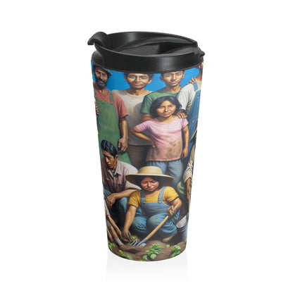 "Reaping Hope: A Migrant Family in the Garden" - The Alien Stainless Steel Travel Mug Social Realism Style