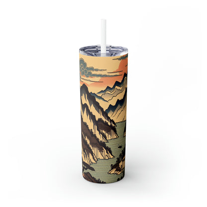 "Sérénité des fleurs de cerisier : un hommage Ukiyo-e captivant à la cérémonie du thé japonaise" - The Alien Maars® Skinny Tumbler with Straw 20oz Ukiyo-e (impression japonaise sur bois)