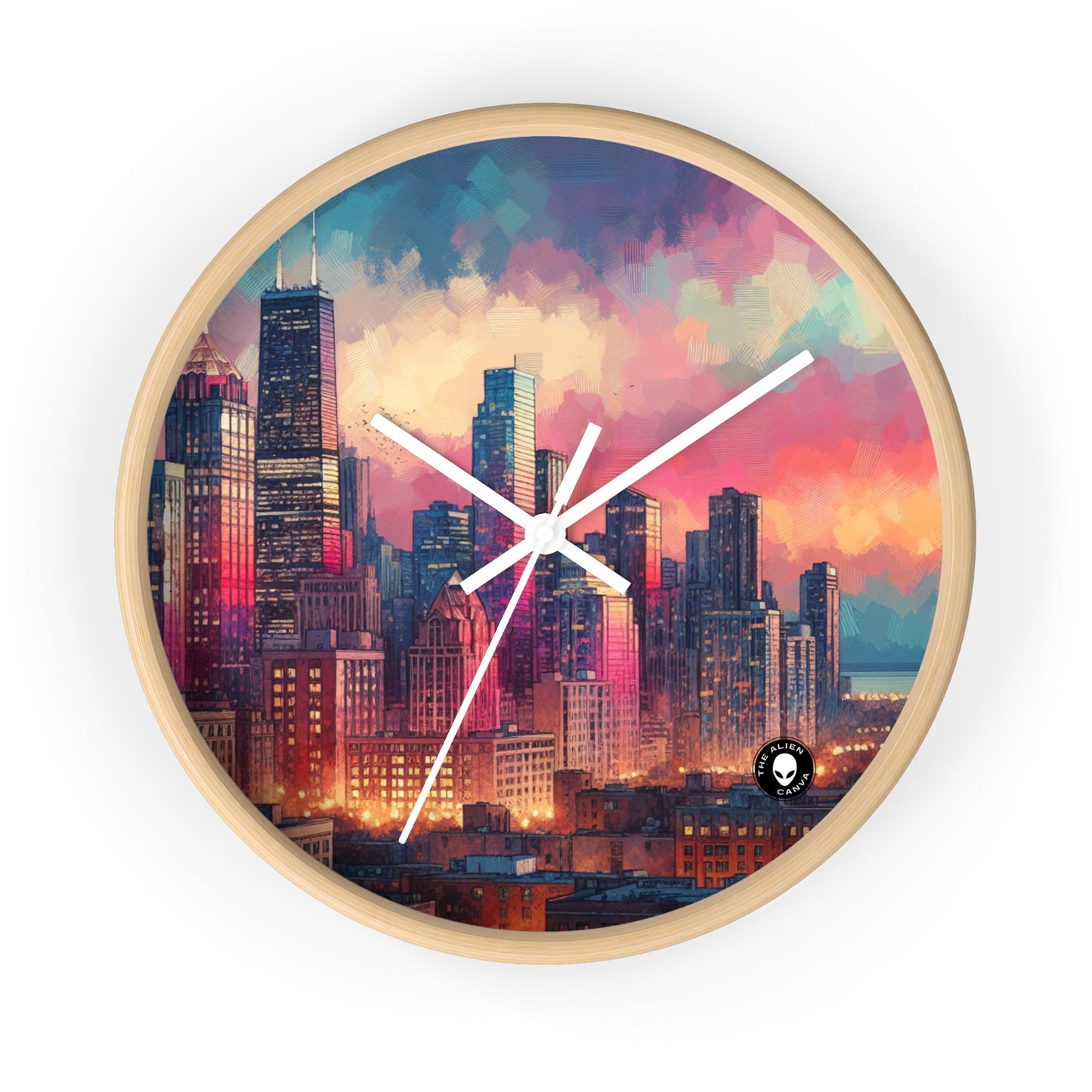 "Dusky Reflections: City Skyline at Sunset" - The Alien Wall Clock