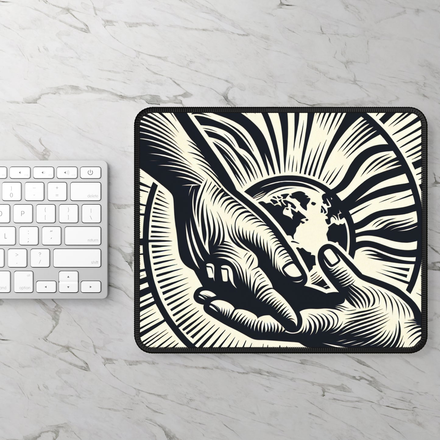 "Uniting Hands, Uniting Nations" - The Alien Gaming Mouse Pad Woodcut Printing Style