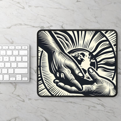 "Uniting Hands, Uniting Nations" - The Alien Gaming Mouse Pad Woodcut Printing Style