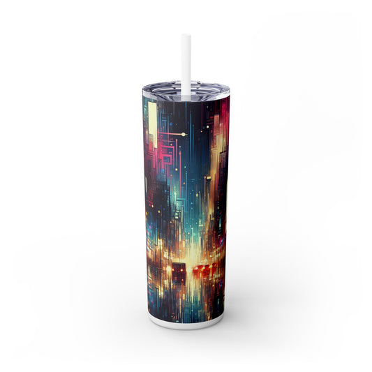 "Cityscape Unveiled: A Neon Night" - The Alien Maars® Skinny Tumbler with Straw 20oz