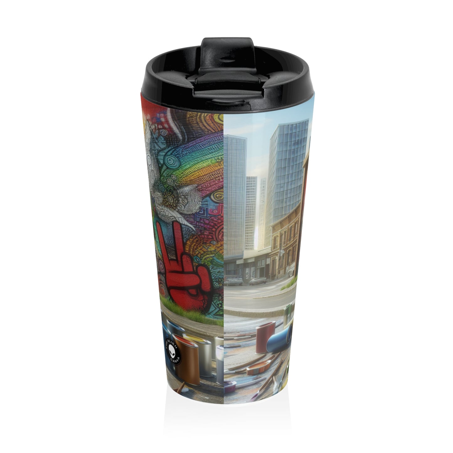 "Galactic Graffiti: A Cosmic Street Art Mural" - The Alien Stainless Steel Travel Mug Street Art