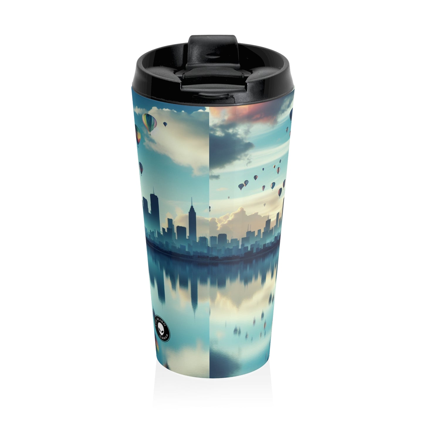 "Mirrored Metropolis: A Lake of Dreams" - The Alien Stainless Steel Travel Mug