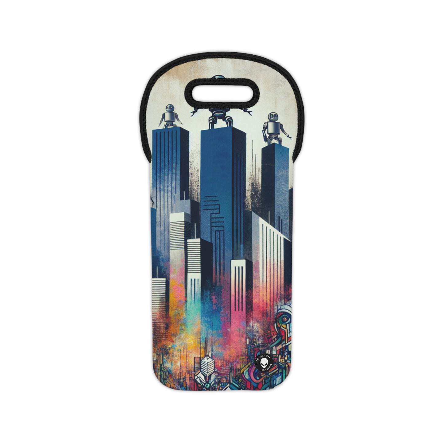 "Robotic Cityscape: A Futuristic Mural" - The Alien Wine Tote Bag Street Art / Graffiti