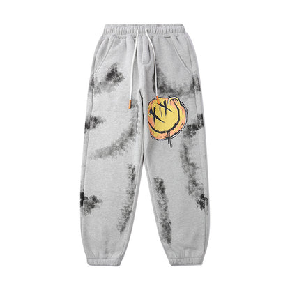 Tie-printed smiley print sports men's casual pants