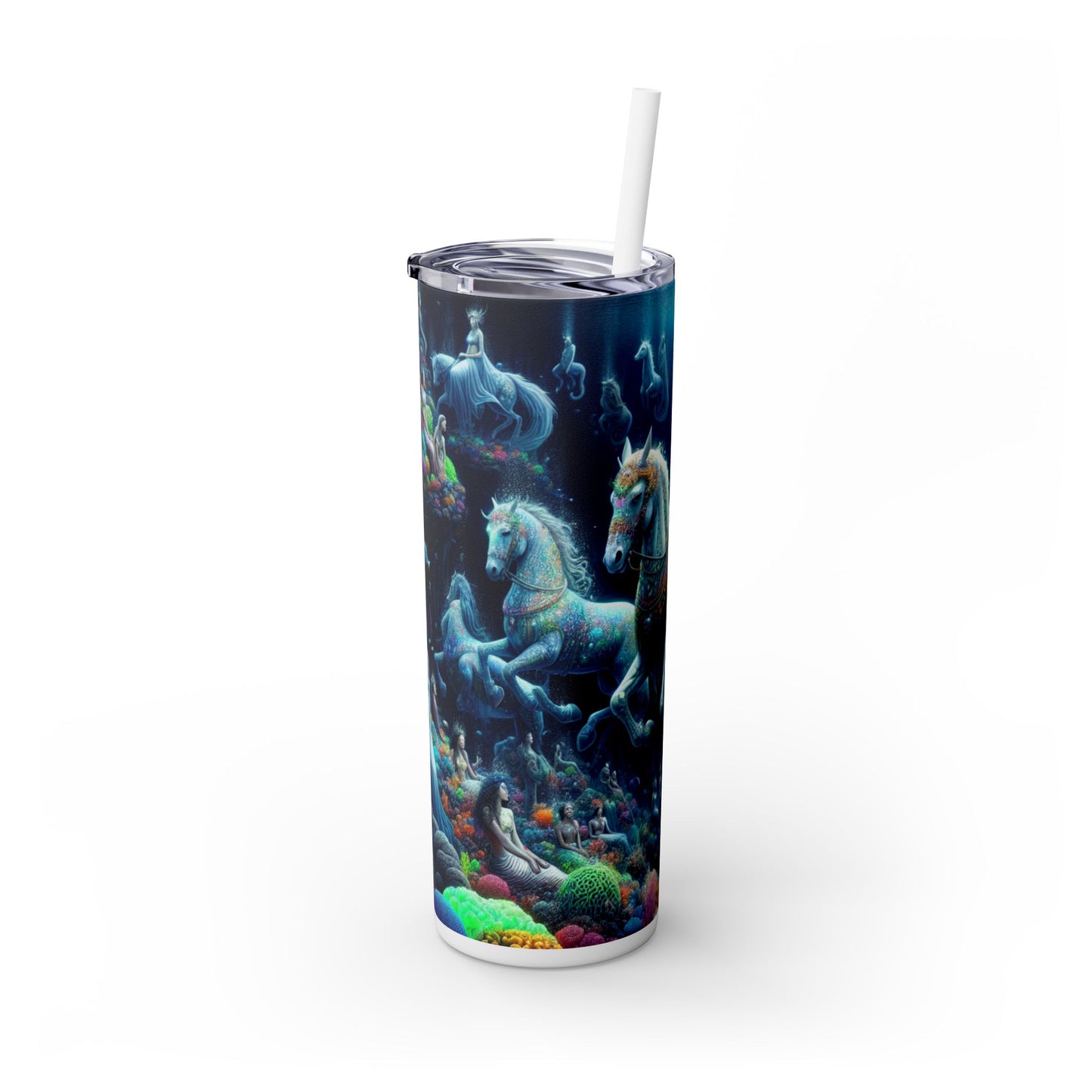 "Enchanted Underwater Realm: Mermaids and Seahorses" - The Alien Maars® Skinny Tumbler with Straw 20oz