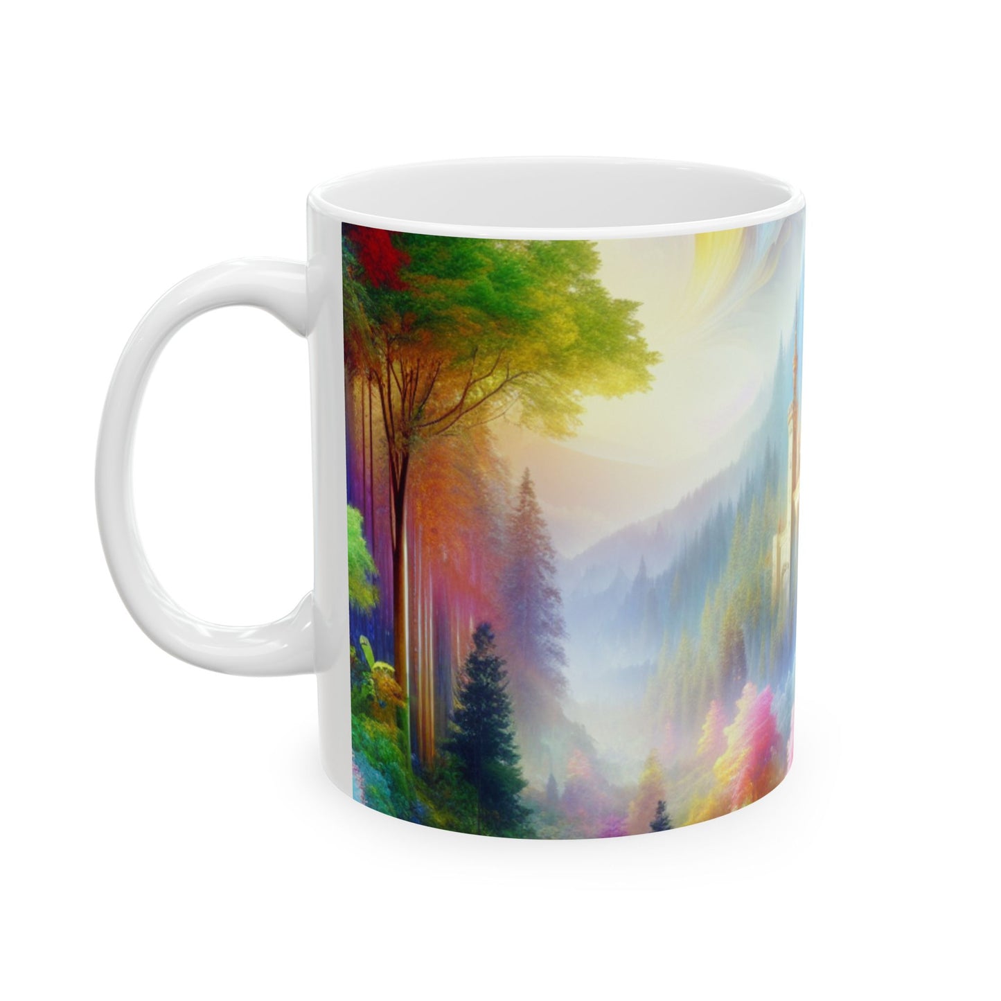 "Encantamiento resplandeciente: El castillo en el bosque colorido" - Taza de cerámica alienígena de 11 oz