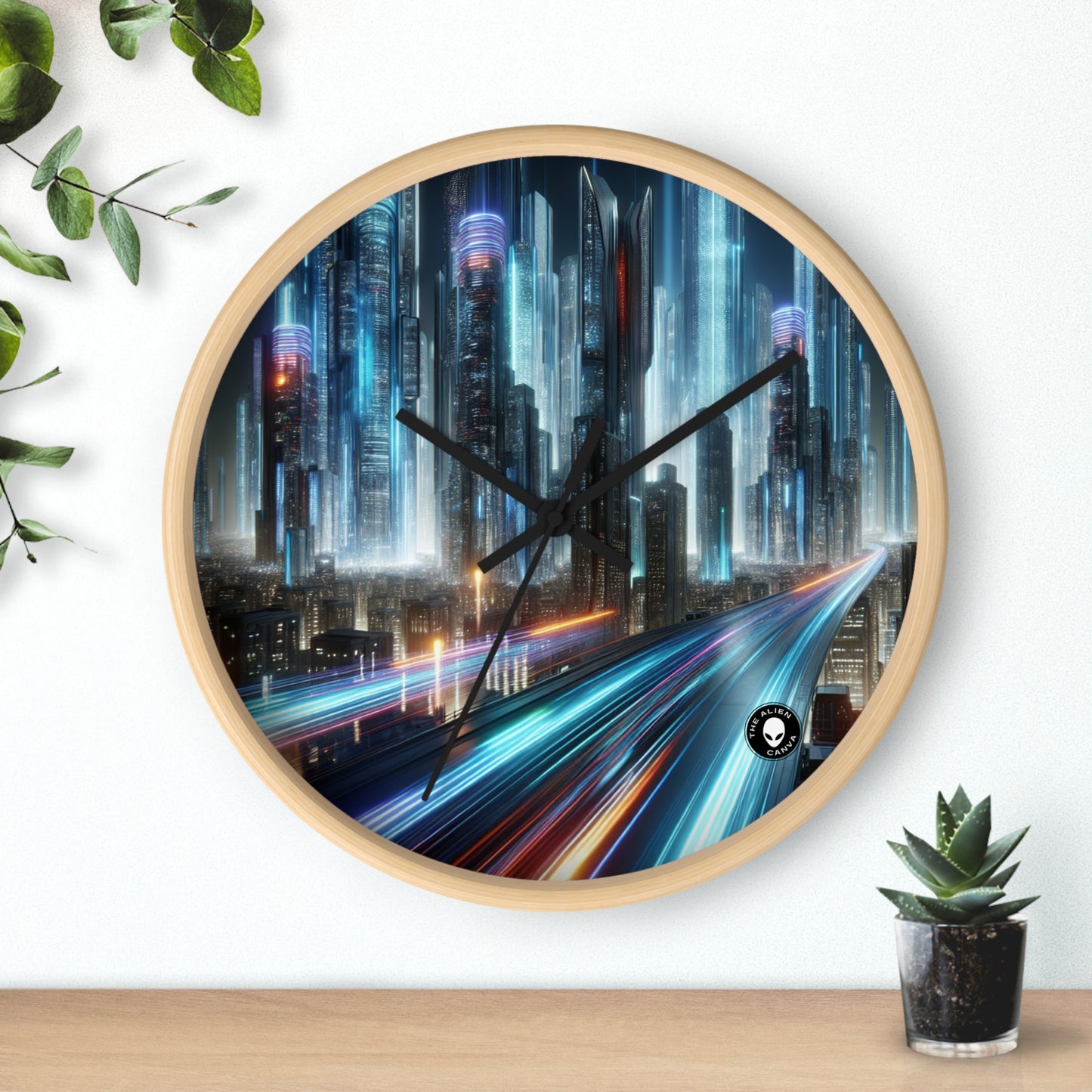 "Paisajes nocturnos de neón: una aventura urbana futurista" - El reloj de pared alienígena