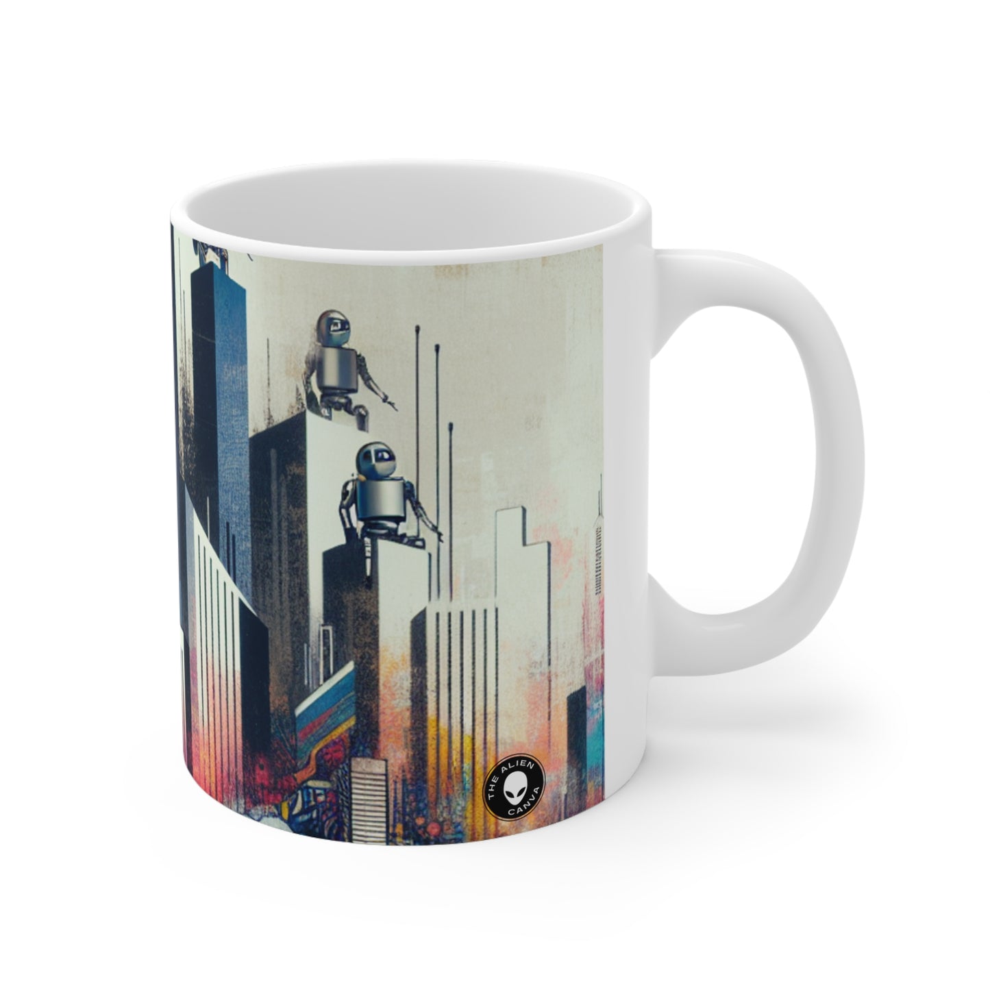 "Paisaje urbano robótico: un mural futurista" - La taza de cerámica alienígena 11oz Arte callejero / Graffiti