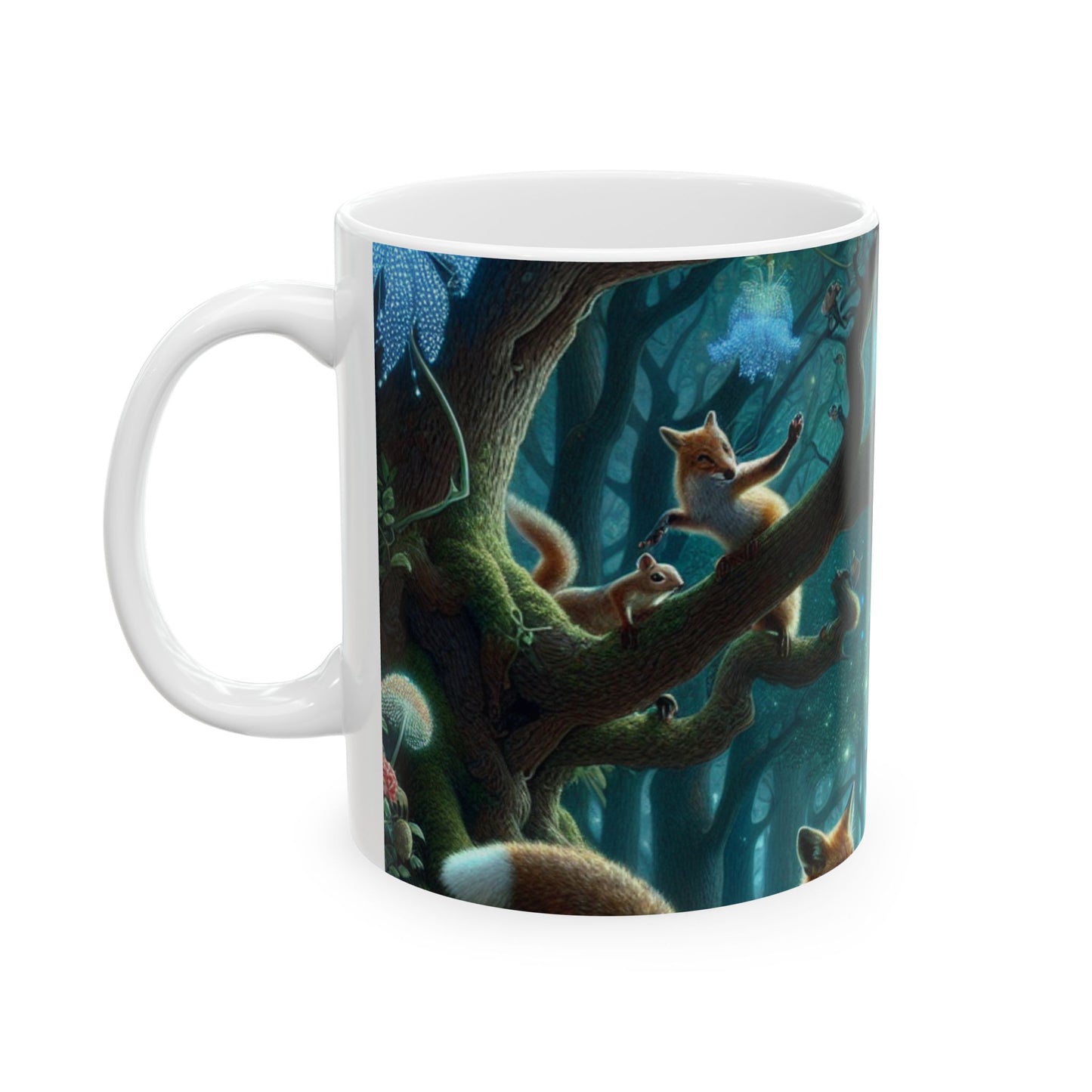 "Animales místicos: criaturas retozando en un bosque encantado" - Taza de cerámica The Alien de 11 oz