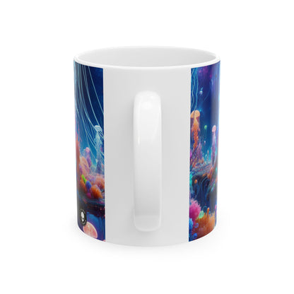 "Neon Jellyfish Fantasia : Une odyssée sous-marine surréaliste" - Tasse en céramique Alien 11 oz