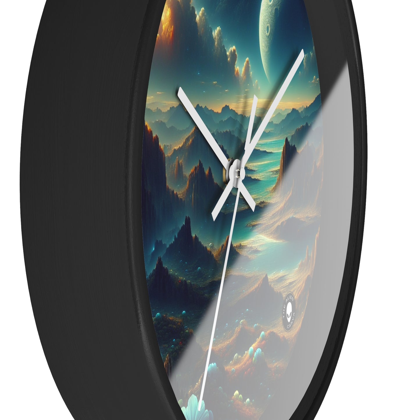 "Un Sueño Extraño: Un Mundo Desconocido en Detalle" - The Alien Wall Clock planetas no descubiertos en estilo hyperrealista