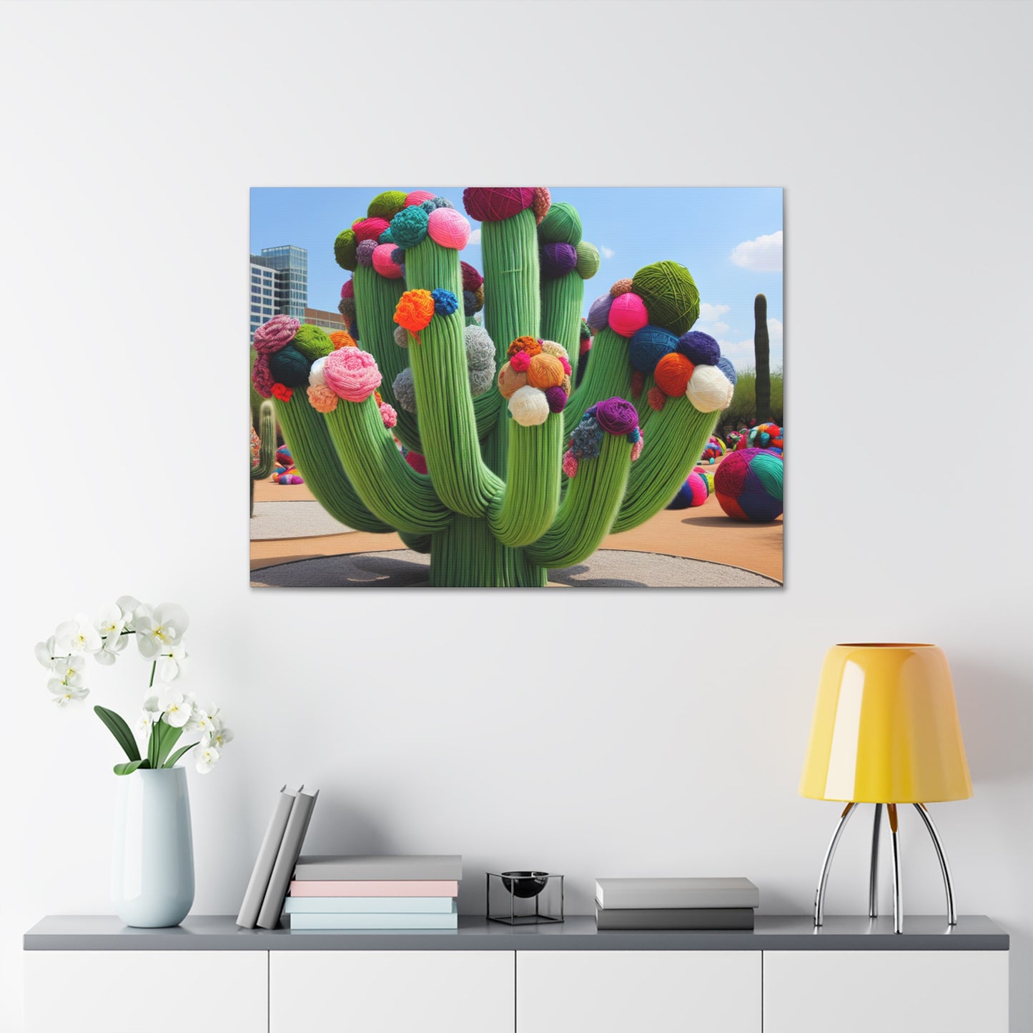 "Yarn-Filled Cacti in the Sky" - The Alien Canva Yarn Bombing (Fiber Art) Style