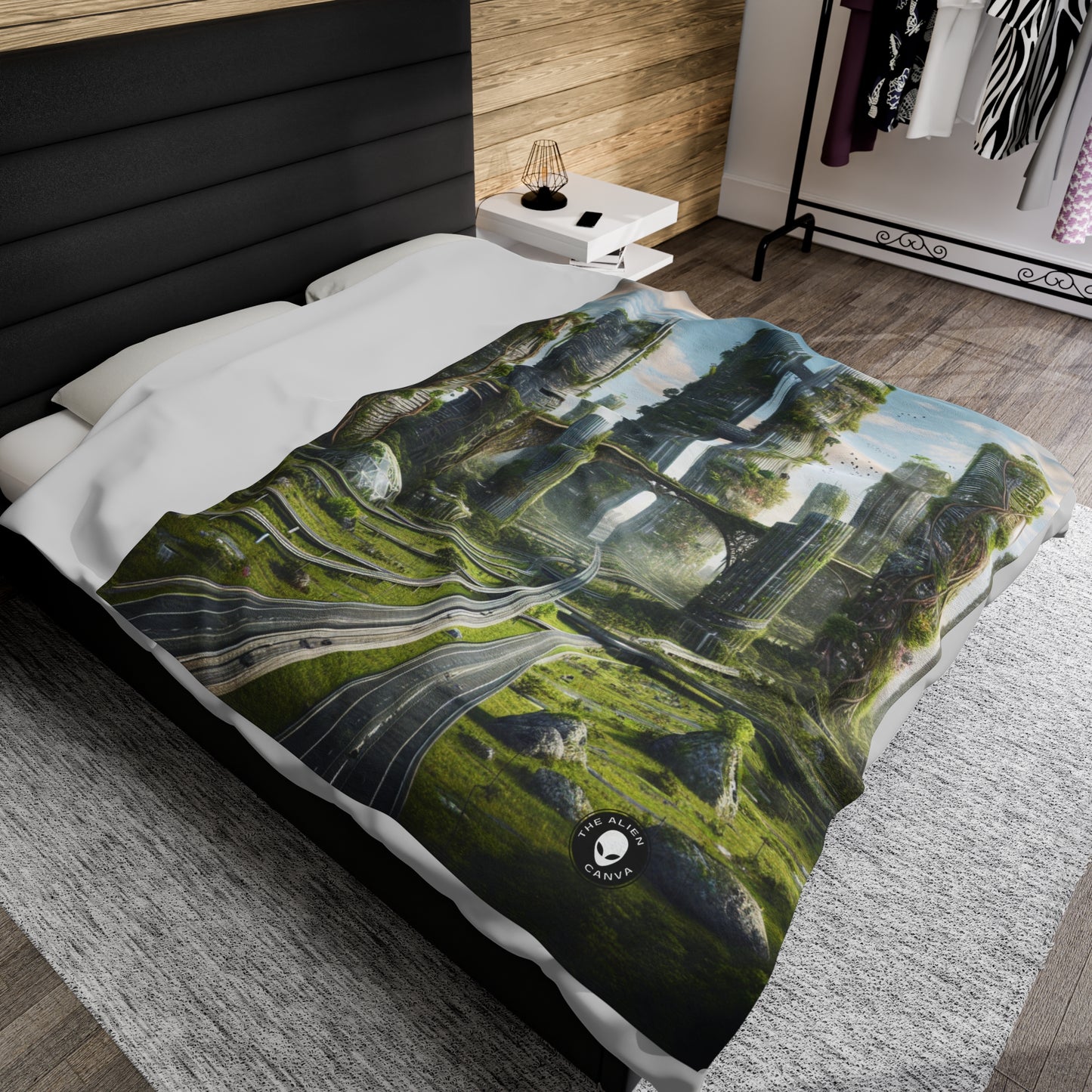 "Nature's Reclamation: A Futuristic Cityscape" - The Alien Velveteen Plush Blanket