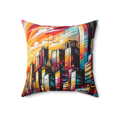 "Cityscape Sunrise" - La almohada cuadrada de poliéster hilado alienígena estilo arte callejero/graffiti